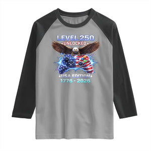 USA 250th Anniversary Gamer Raglan Shirt Level 250 USA Edition 1776 2026 Bald Eagle TS11 Sport Gray Black Print Your Wear