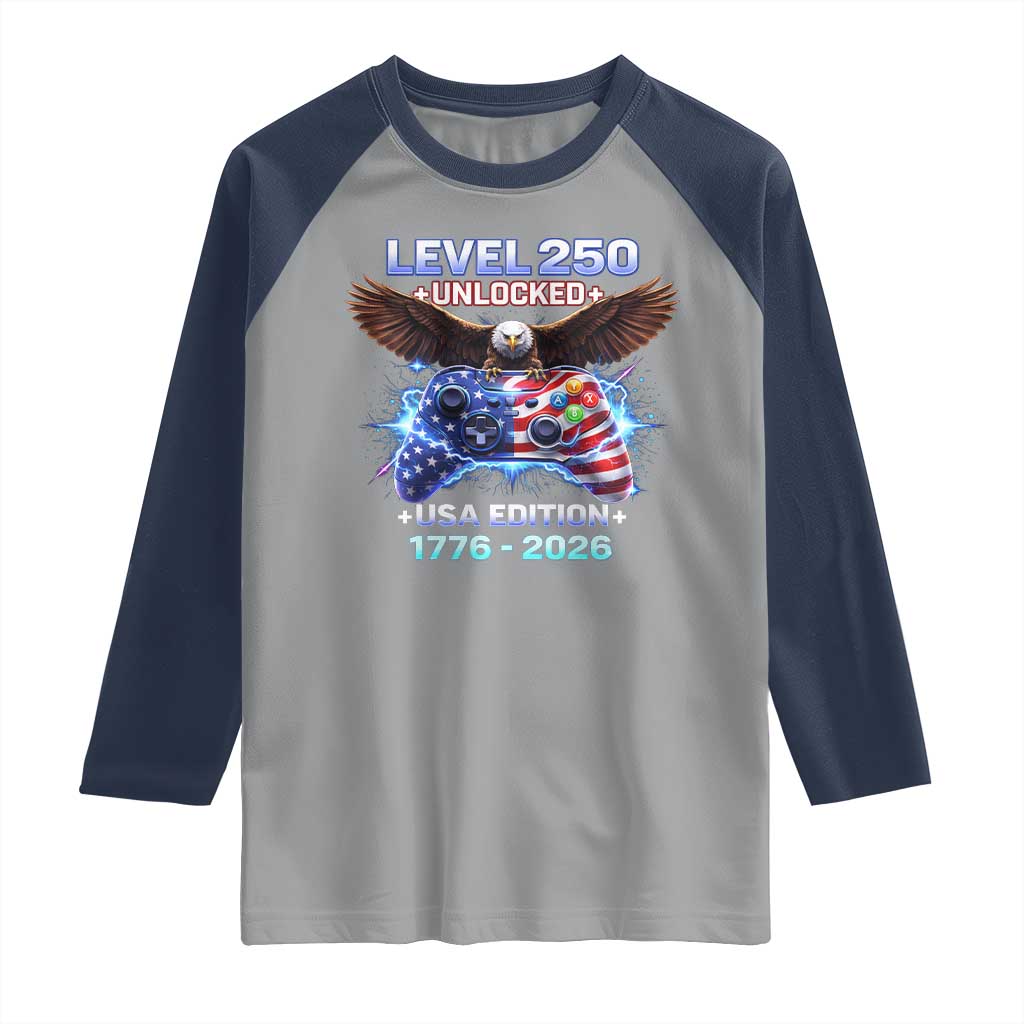 USA 250th Anniversary Gamer Raglan Shirt Level 250 USA Edition 1776 2026 Bald Eagle TS11 Sport Gray Navy Print Your Wear