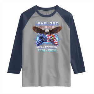 USA 250th Anniversary Gamer Raglan Shirt Level 250 USA Edition 1776 2026 Bald Eagle TS11 Sport Gray Navy Print Your Wear