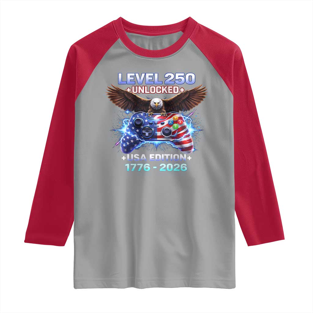 USA 250th Anniversary Gamer Raglan Shirt Level 250 USA Edition 1776 2026 Bald Eagle TS11 Sport Gray Red Print Your Wear