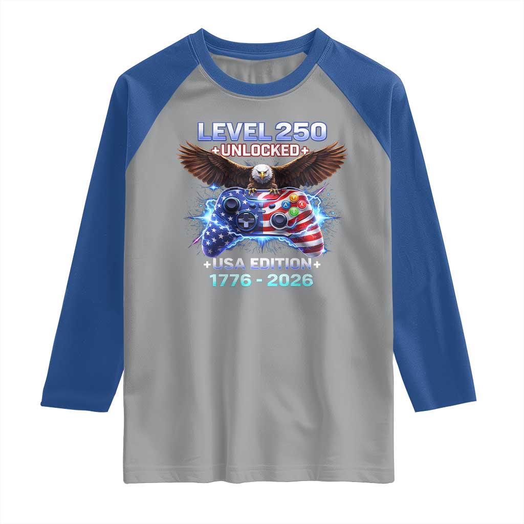 USA 250th Anniversary Gamer Raglan Shirt Level 250 USA Edition 1776 2026 Bald Eagle TS11 Sport Gray Royal Print Your Wear