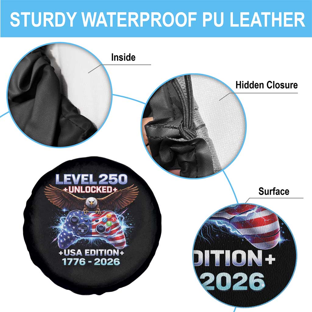 USA 250th Anniversary Gamer Spare Tire Cover Level 250 USA Edition 1776 2026 Bald Eagle TS11 Print Your Wear