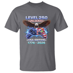 USA 250th Anniversary Gamer T Shirt Level 250 USA Edition 1776 2026 Bald Eagle TS11 Charcoal Print Your Wear
