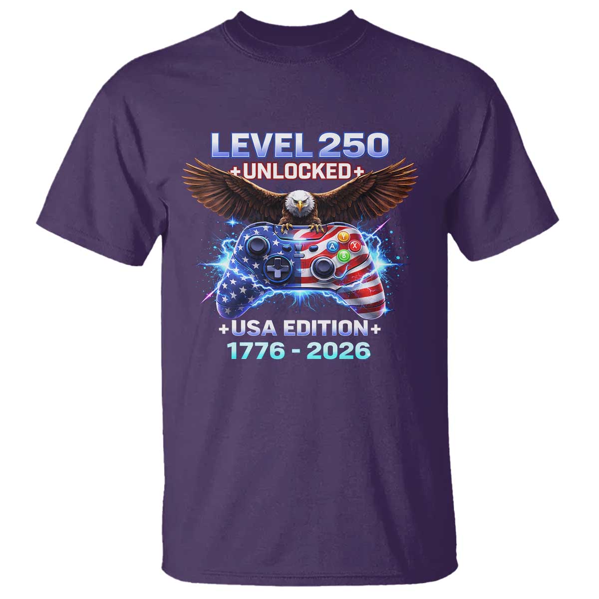 USA 250th Anniversary Gamer T Shirt Level 250 USA Edition 1776 2026 Bald Eagle TS11 Purple Print Your Wear