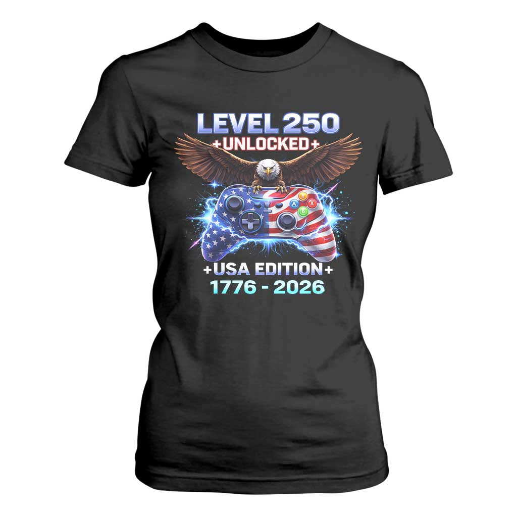 USA 250th Anniversary Gamer T Shirt For Women Level 250 USA Edition 1776 2026 Bald Eagle TS11 Black Print Your Wear