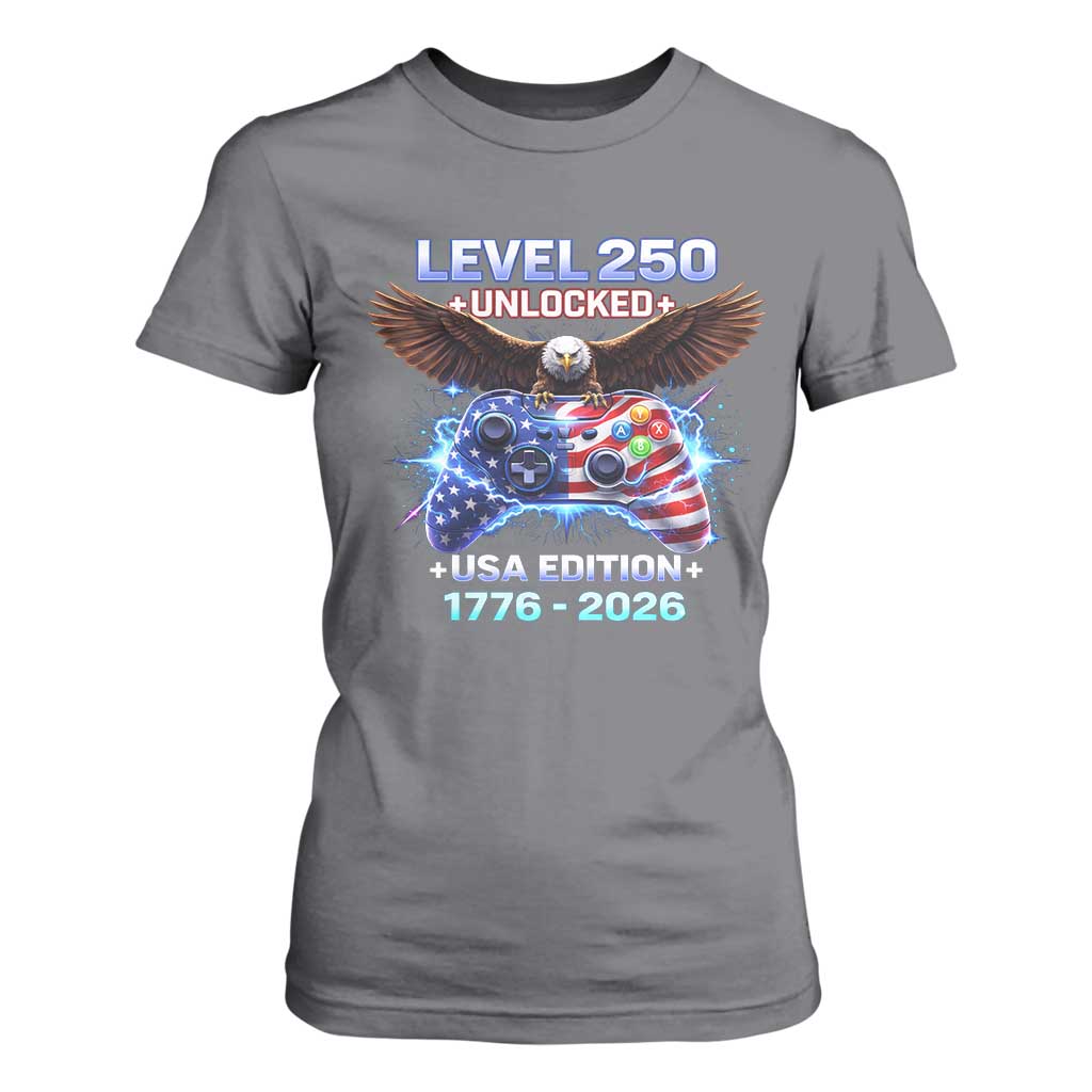 USA 250th Anniversary Gamer T Shirt For Women Level 250 USA Edition 1776 2026 Bald Eagle TS11 Charcoal Print Your Wear