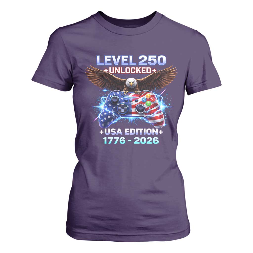 USA 250th Anniversary Gamer T Shirt For Women Level 250 USA Edition 1776 2026 Bald Eagle TS11 Purple Print Your Wear