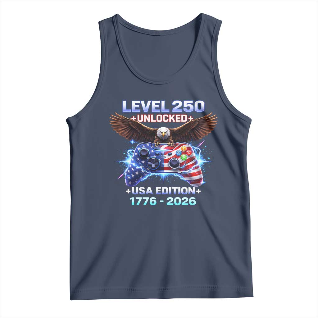 USA 250th Anniversary Gamer Tank Top Level 250 USA Edition 1776 2026 Bald Eagle TS11 Navy Print Your Wear