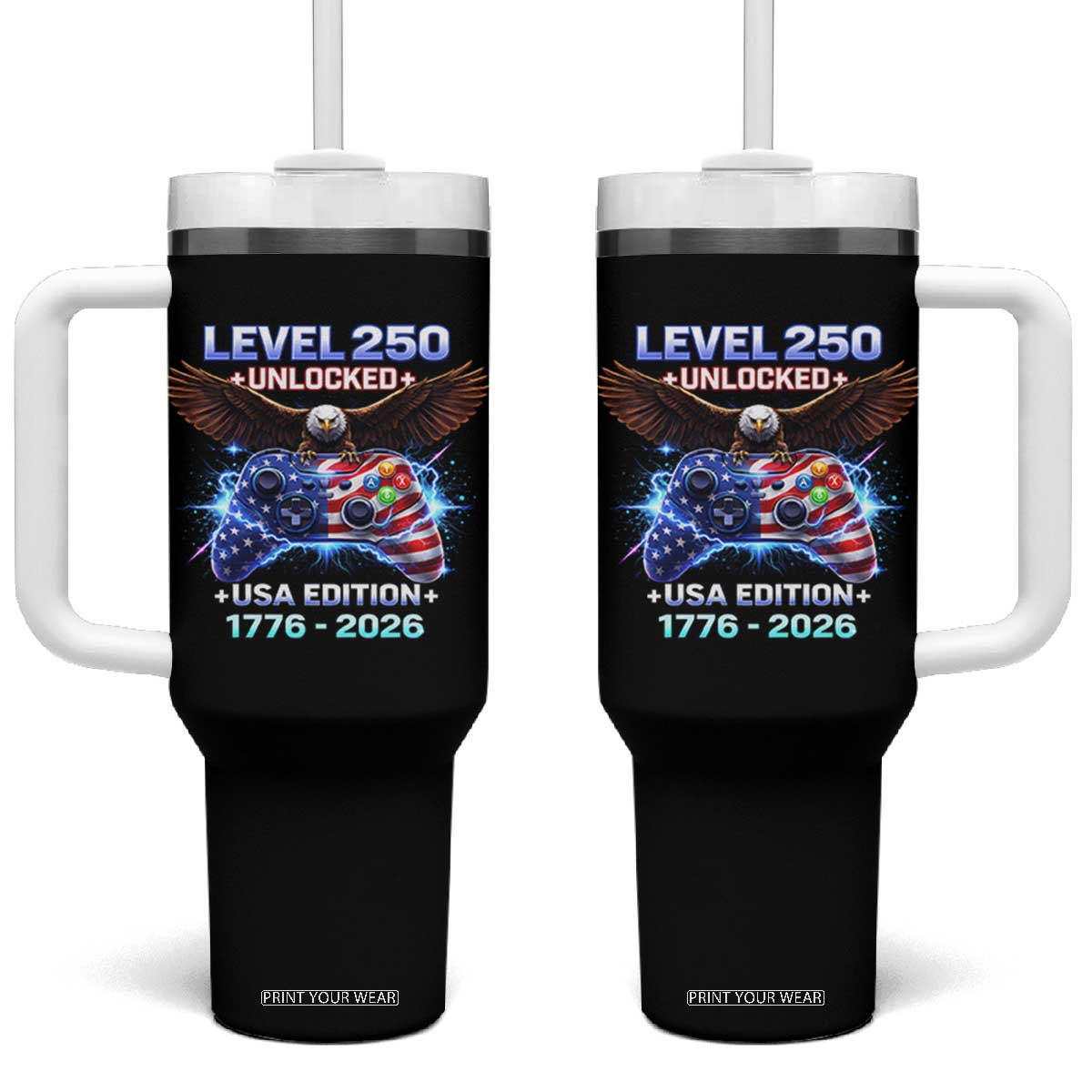 USA 250th Anniversary Gamer Tumbler With Handle Level 250 USA Edition 1776 2026 Bald Eagle TS11 One Size: 40 oz Black Print Your Wear
