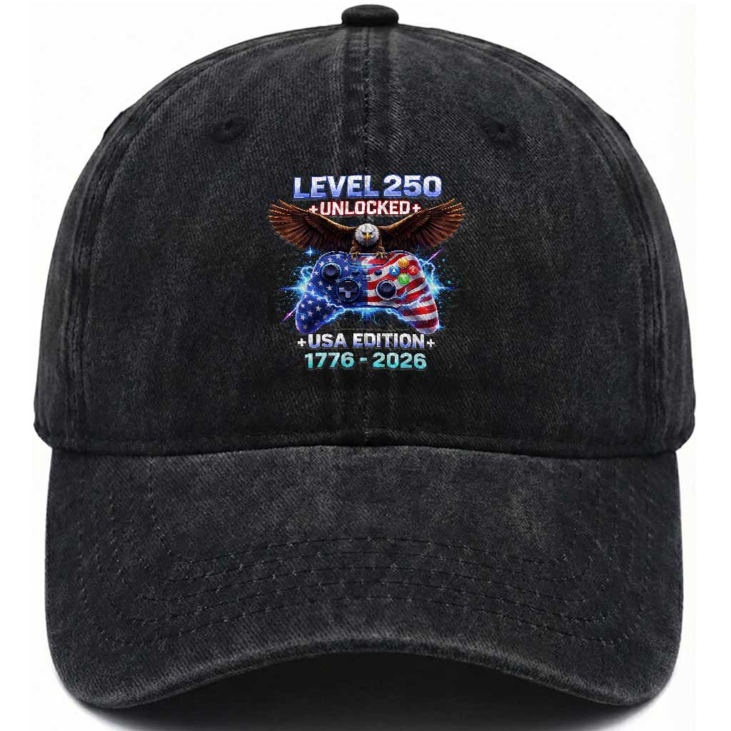 USA 250th Anniversary Gamer Washed Cotton Baseball Cap Level 250 USA Edition 1776 2026 Bald Eagle TS11 Washed Cap Universal Fit Black Print Your Wear