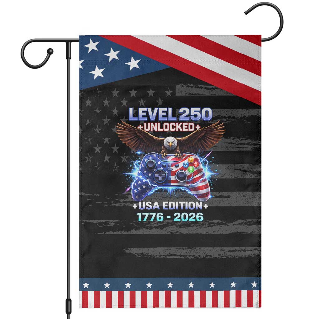 USA 250th Anniversary Gamer Garden Flag Level 250 USA Edition 1776 2026 Bald Eagle TS11 Distressed Black Blue Print Your Wear
