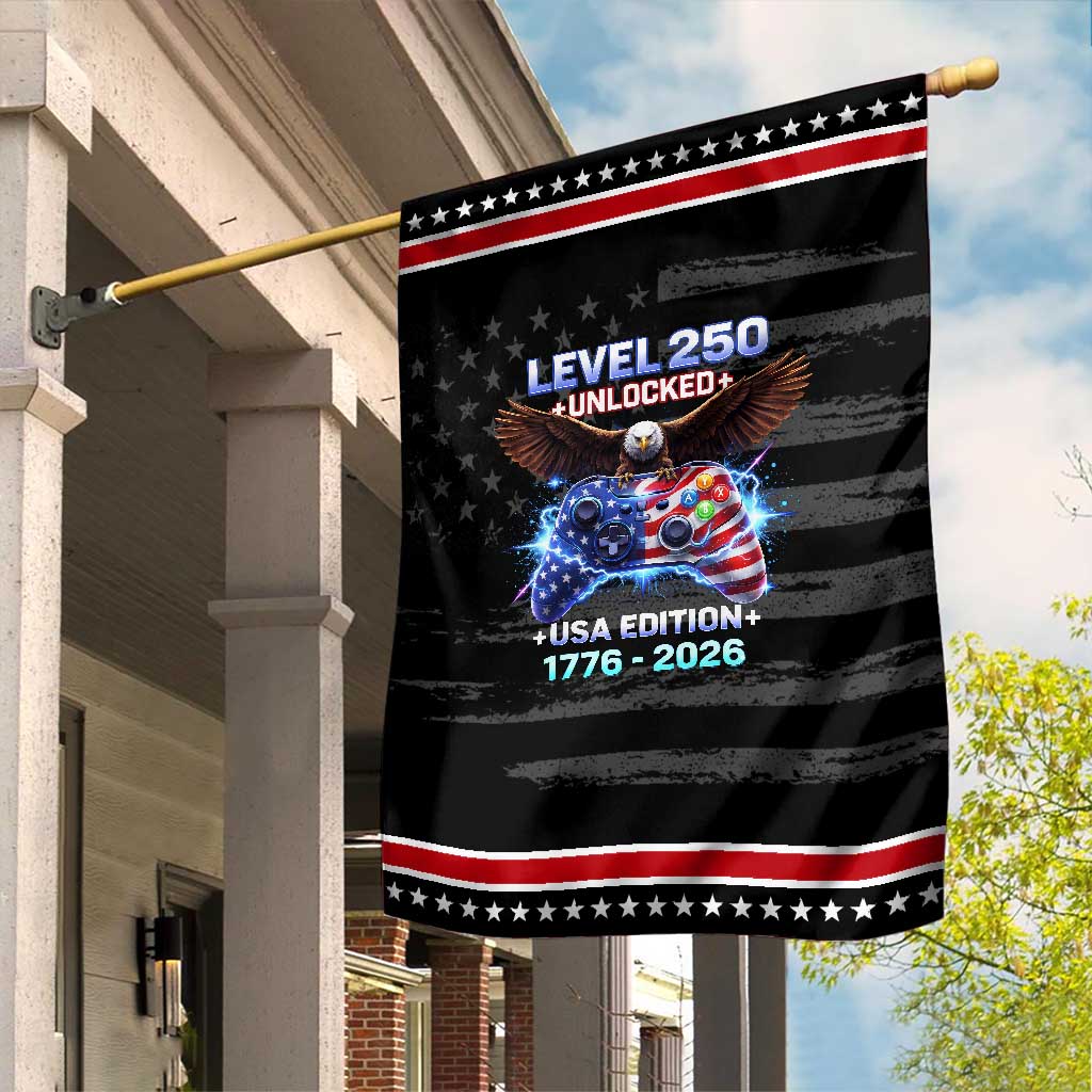 USA 250th Anniversary Gamer Garden Flag Level 250 USA Edition 1776 2026 Bald Eagle TS11 Distressed Black Red Print Your Wear