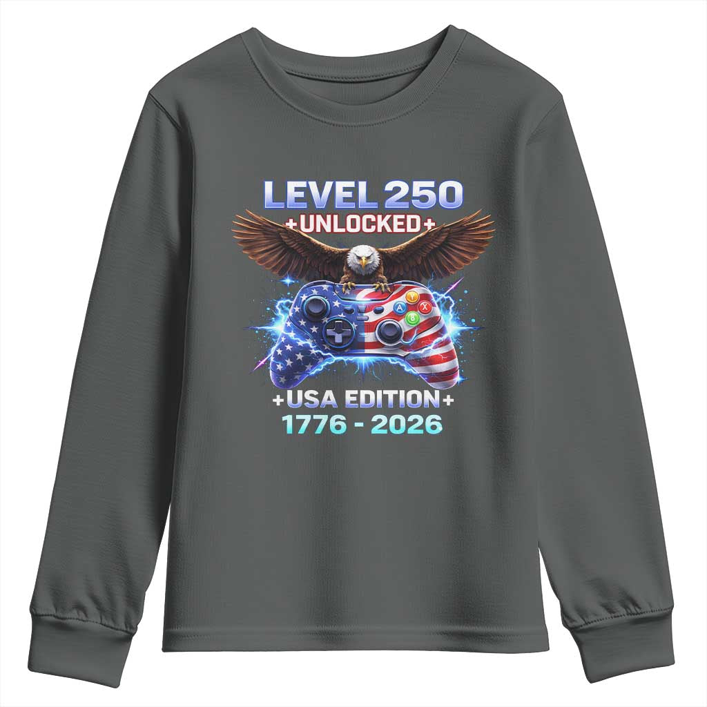 USA 250th Anniversary Gamer Youth Sweatshirt Level 250 USA Edition 1776 2026 Bald Eagle TS11 Dark Heather Print Your Wear