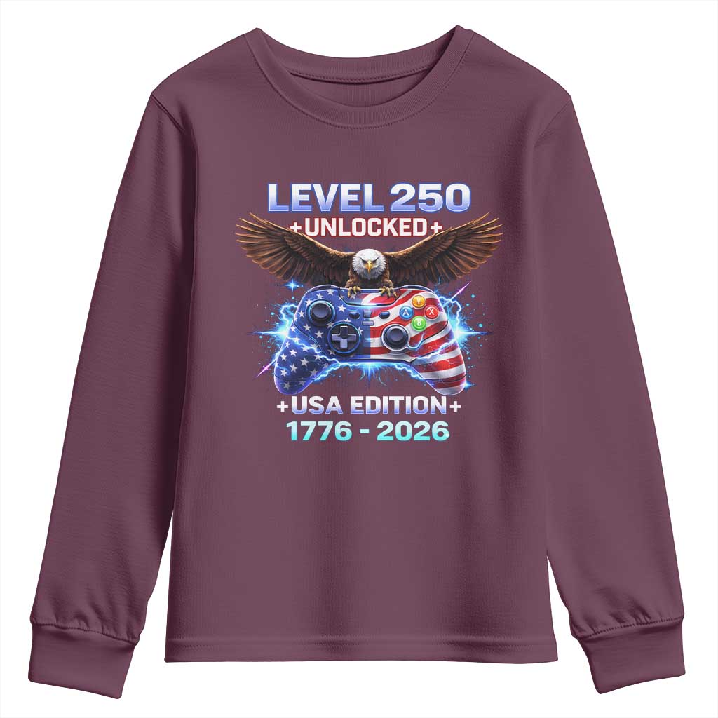 USA 250th Anniversary Gamer Youth Sweatshirt Level 250 USA Edition 1776 2026 Bald Eagle TS11 Maroon Print Your Wear
