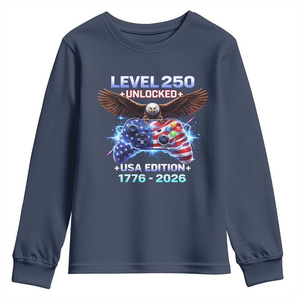 USA 250th Anniversary Gamer Youth Sweatshirt Level 250 USA Edition 1776 2026 Bald Eagle TS11 Navy Print Your Wear