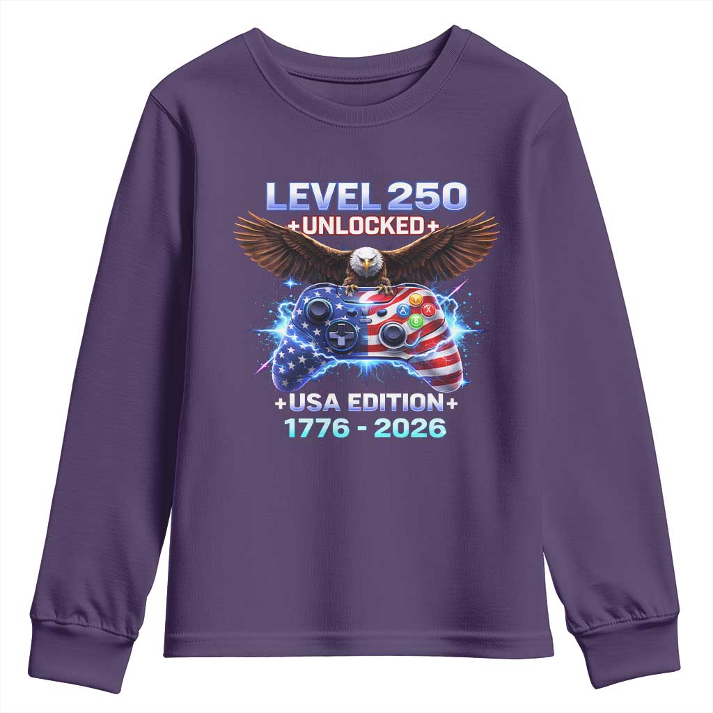 USA 250th Anniversary Gamer Youth Sweatshirt Level 250 USA Edition 1776 2026 Bald Eagle TS11 Purple Print Your Wear
