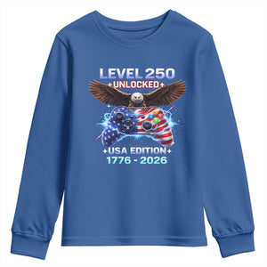 USA 250th Anniversary Gamer Youth Sweatshirt Level 250 USA Edition 1776 2026 Bald Eagle TS11 Royal Blue Print Your Wear
