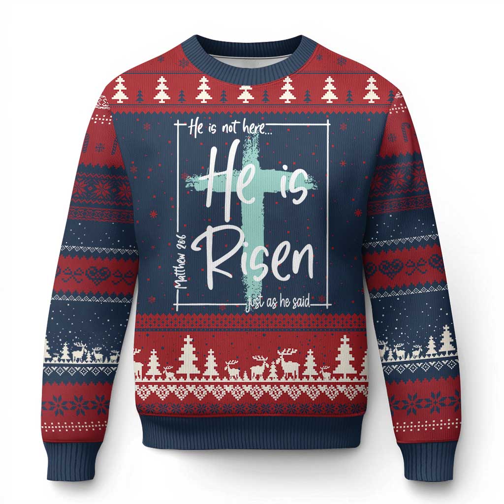 Easter He Is Risen Ugly Christmas Sweater He Is Not Here Christian Cross TS11 Navy Red Print Your Wear