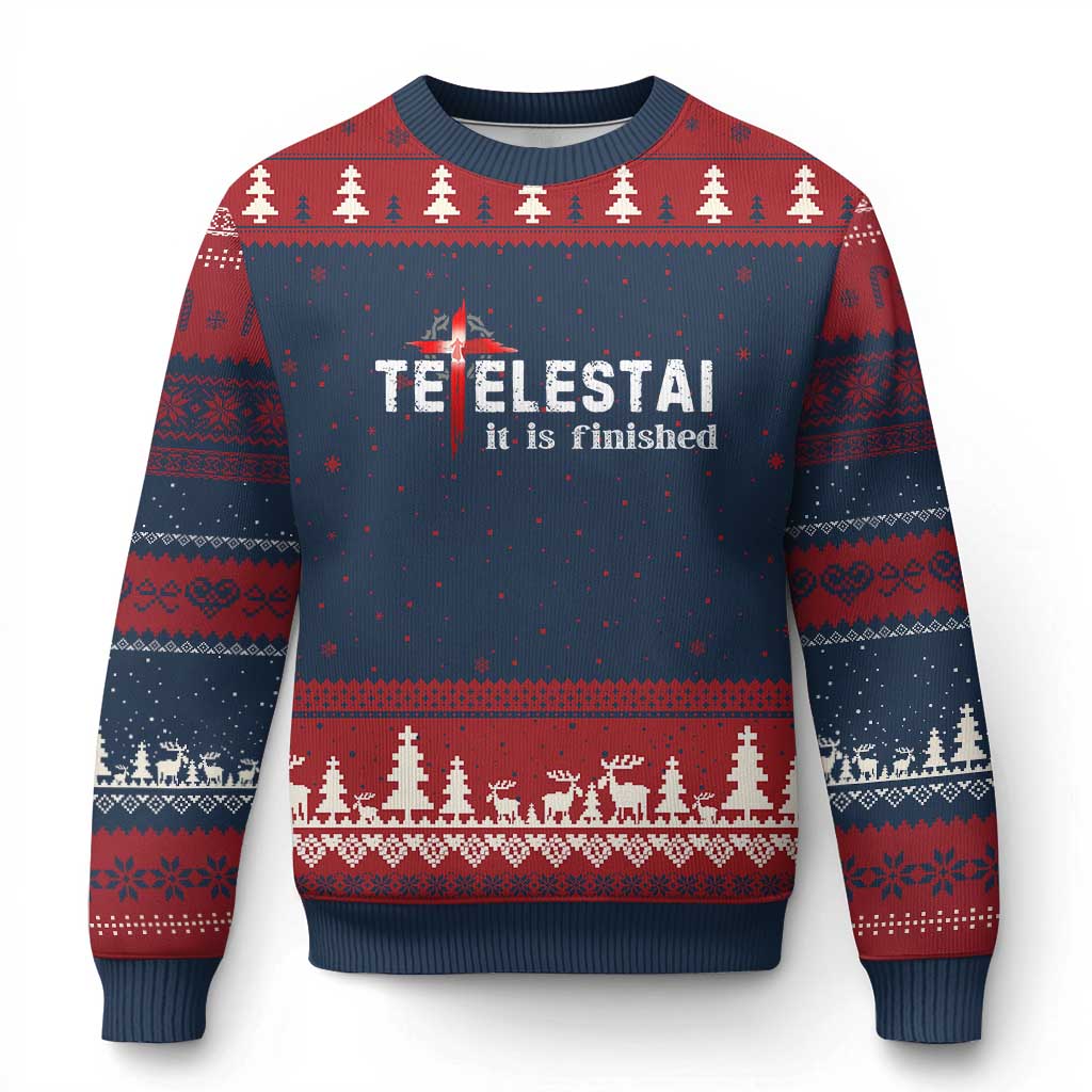 Tetelestai It Is Finished Ugly Christmas Sweater Jesus Last Words Christian Easter TS11 Navy Red Print Your Wear