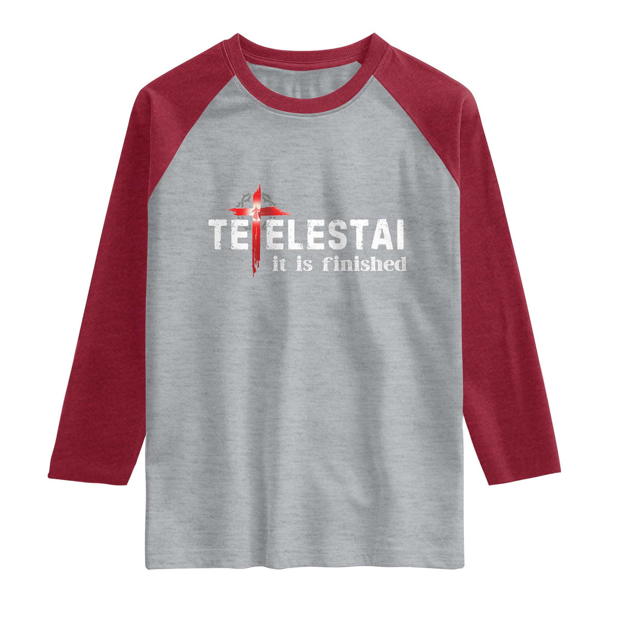 Tetelestai It Is Finished Raglan Shirt Jesus Last Words Christian Easter TS11 Heather Gray Heather Red Print Your Wear