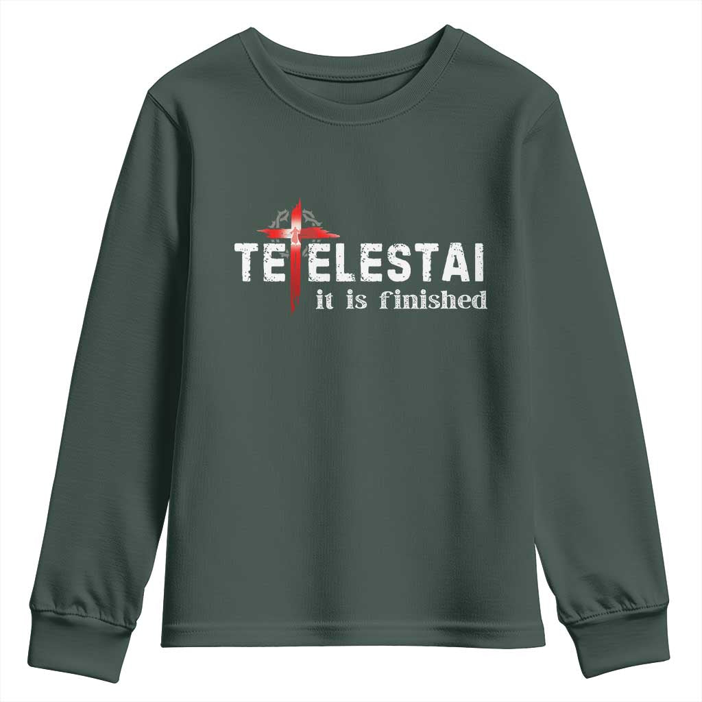 Tetelestai It Is Finished Youth Sweatshirt Jesus Last Words Christian Easter TS11 Dark Forest Green Print Your Wear