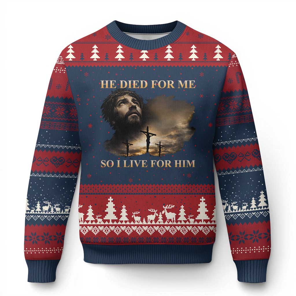 Jesus He Dided For Me So I Live For Him Ugly Christmas Sweater Christian Religious Bible TS11 Navy Red Print Your Wear