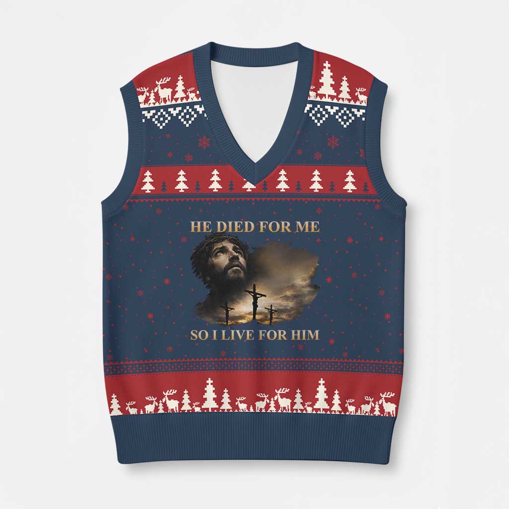 Jesus He Dided For Me So I Live For Him V-Neck Knit Sweater Vest Christian Religious Bible TS11 Navy Red Print Your Wear