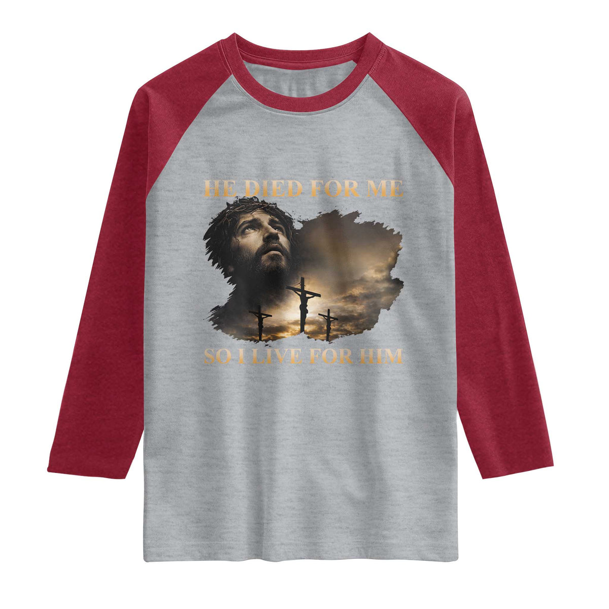 Jesus He Dided For Me So I Live For Him Raglan Shirt Christian Religious Bible TS11 Heather Gray Heather Red Print Your Wear