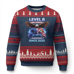 Funny 6th Birthday Ugly Christmas Sweater Level 6 Unlocked Awesome Since 2020 USA Gamer TS11 Navy Red Print Your Wear