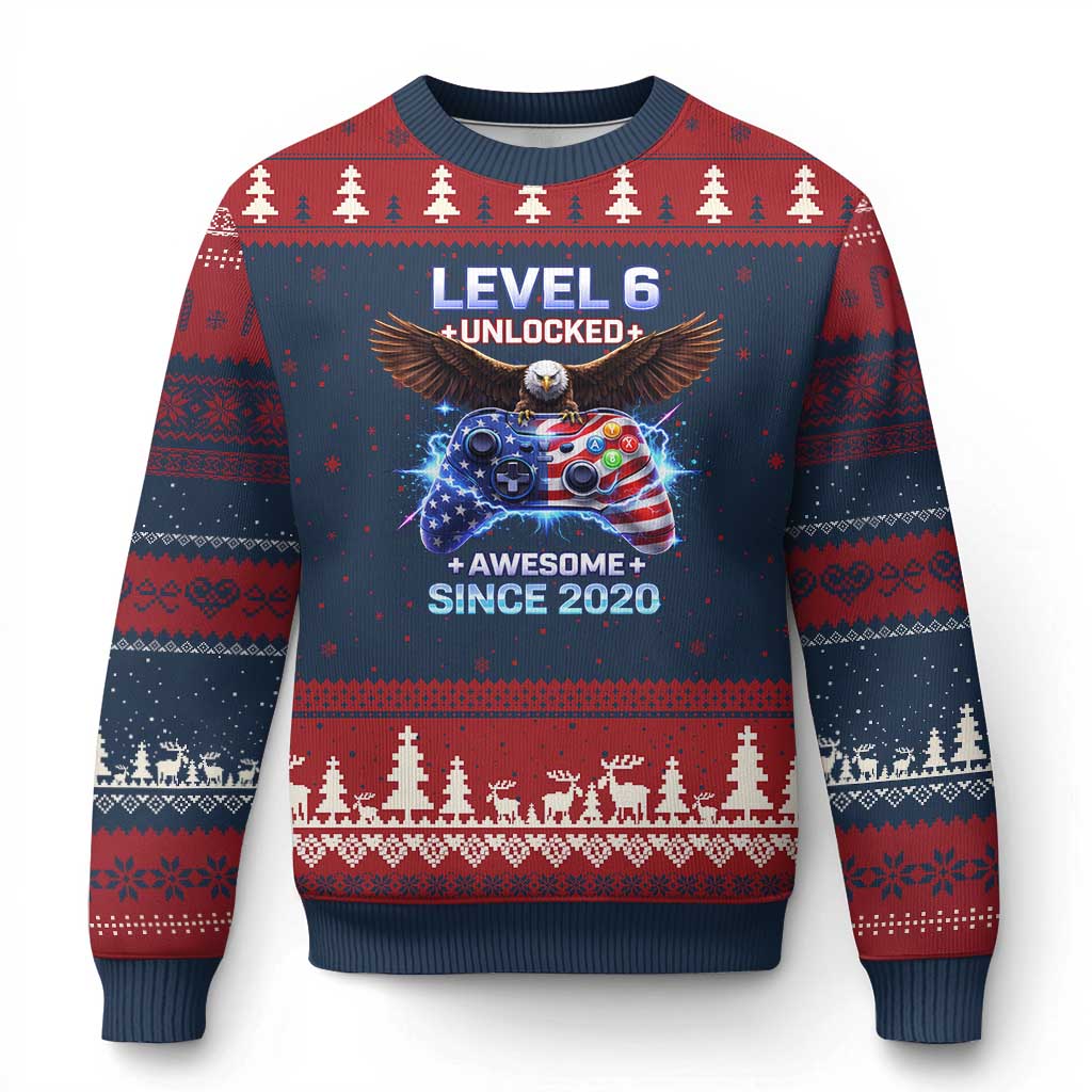 Funny 6th Birthday Ugly Christmas Sweater Level 6 Unlocked Awesome Since 2020 USA Gamer TS11 Navy Red Print Your Wear