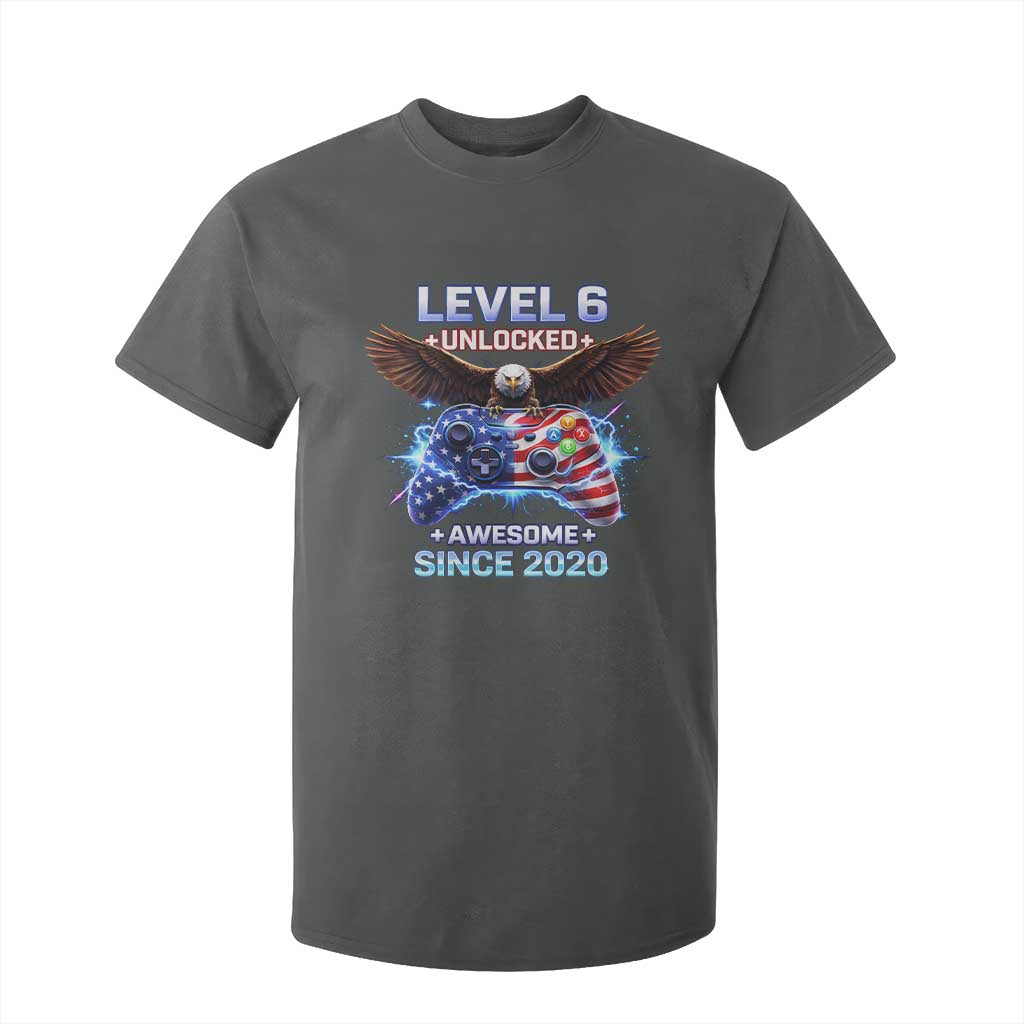Funny 6th Birthday T Shirt For Kid Level 6 Unlocked Awesome Since 2020 USA Gamer TS11 Dark Heather Print Your Wear