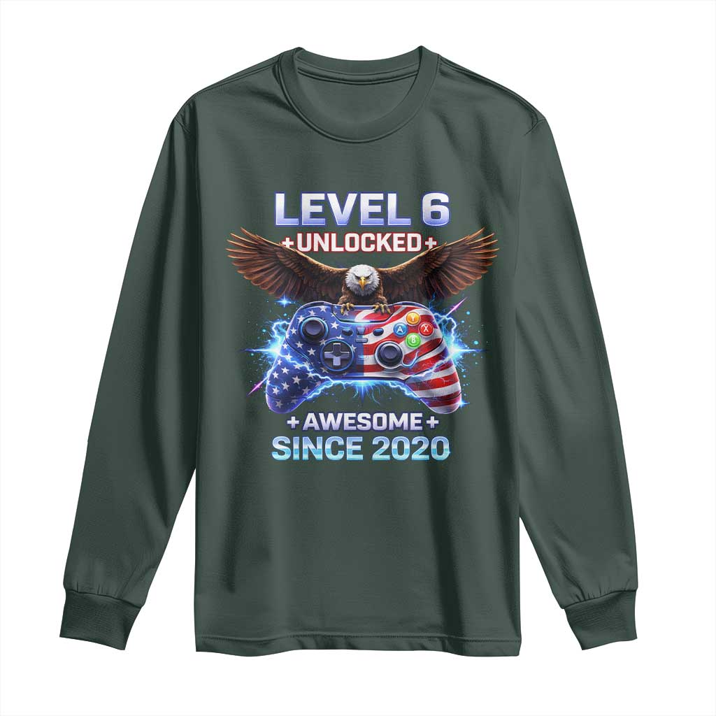 Funny 6th Birthday Long Sleeve Shirt Level 6 Unlocked Awesome Since 2020 USA Gamer TS11 Dark Forest Green Print Your Wear