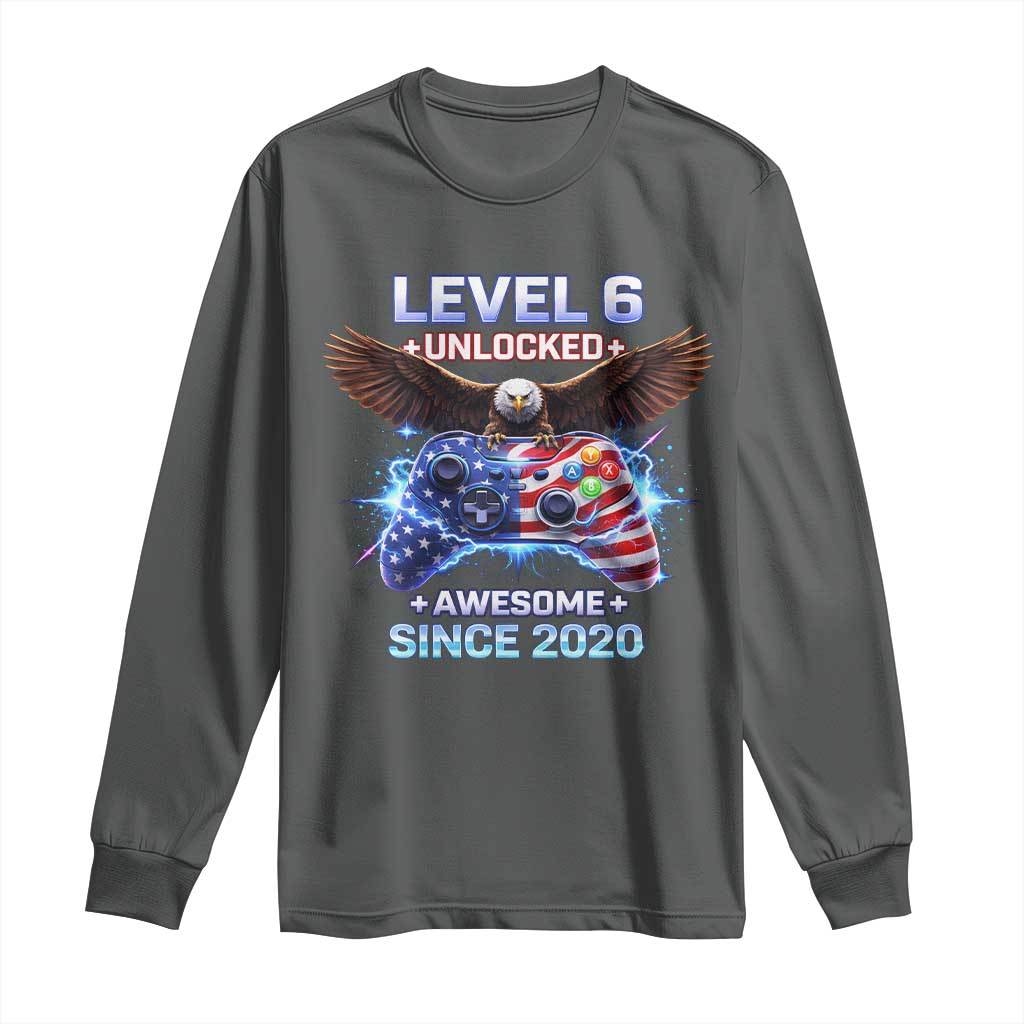 Funny 6th Birthday Long Sleeve Shirt Level 6 Unlocked Awesome Since 2020 USA Gamer TS11 Dark Heather Print Your Wear