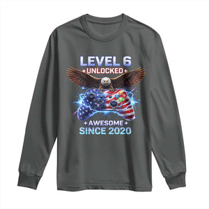 Funny 6th Birthday Long Sleeve Shirt Level 6 Unlocked Awesome Since 2020 USA Gamer TS11 Dark Heather Print Your Wear