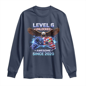 Funny 6th Birthday Long Sleeve Shirt Level 6 Unlocked Awesome Since 2020 USA Gamer TS11 Navy Print Your Wear