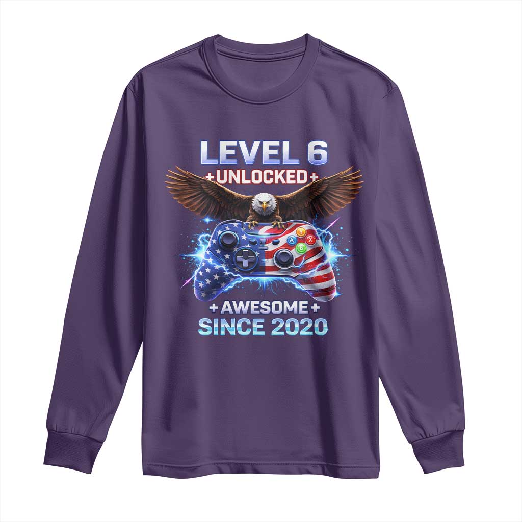 Funny 6th Birthday Long Sleeve Shirt Level 6 Unlocked Awesome Since 2020 USA Gamer TS11 Purple Print Your Wear