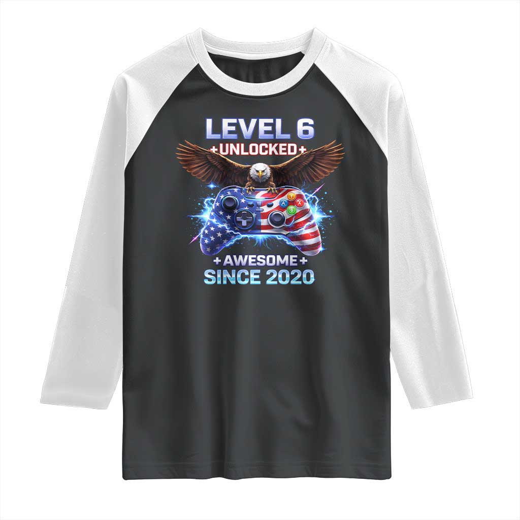 Funny 6th Birthday Raglan Shirt Level 6 Unlocked Awesome Since 2020 USA Gamer TS11 Black White Print Your Wear