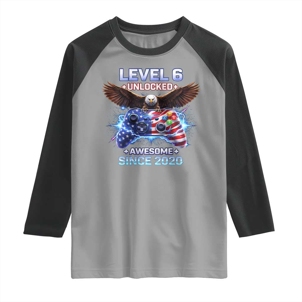 Funny 6th Birthday Raglan Shirt Level 6 Unlocked Awesome Since 2020 USA Gamer TS11 Sport Gray Black Print Your Wear