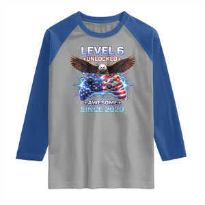 Funny 6th Birthday Raglan Shirt Level 6 Unlocked Awesome Since 2020 USA Gamer TS11 Sport Gray Royal Print Your Wear