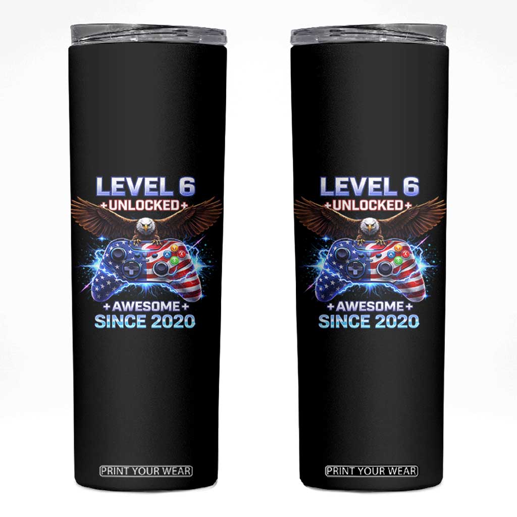 Funny 6th Birthday Skinny Tumbler Level 6 Unlocked Awesome Since 2020 USA Gamer TS11 Black Print Your Wear