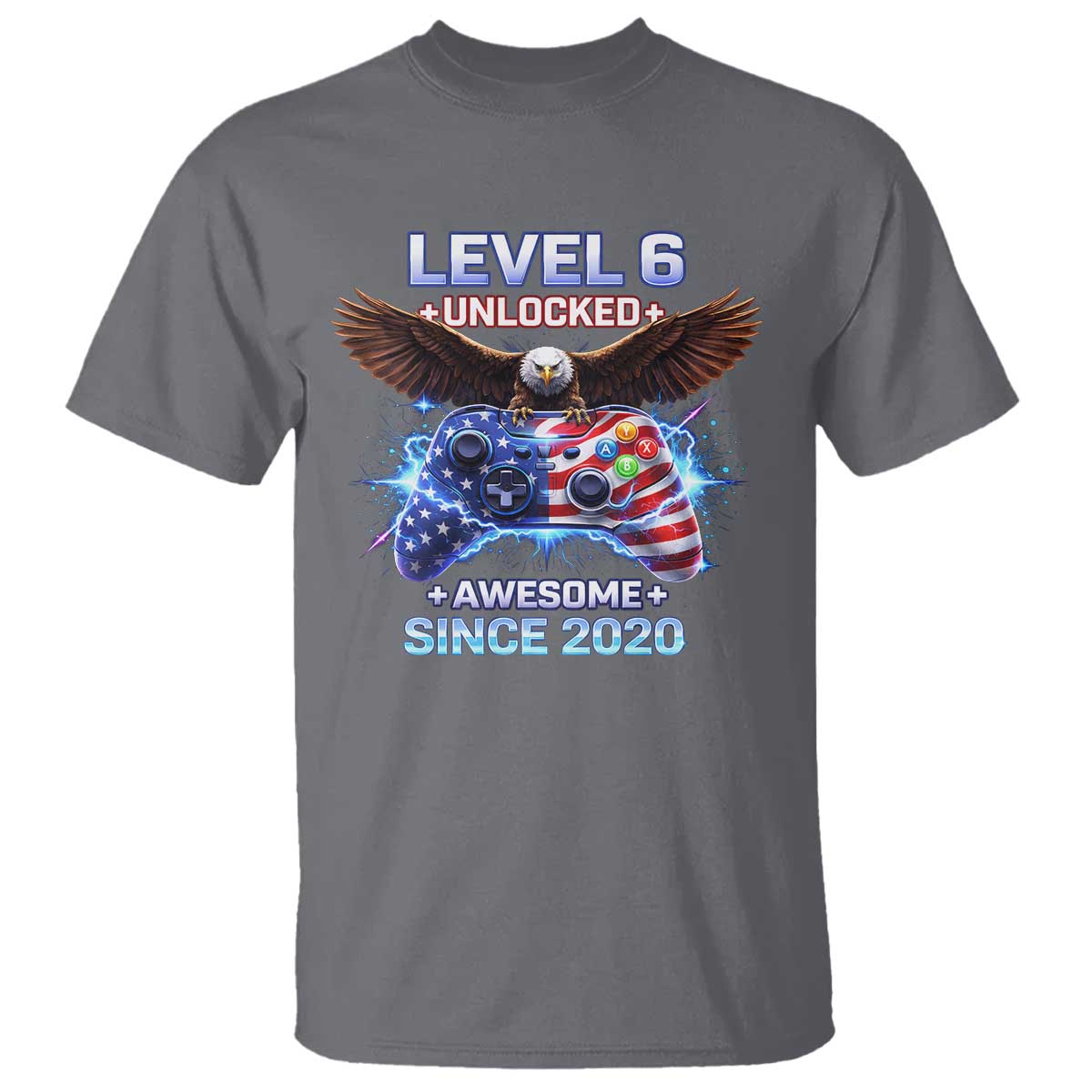 Funny 6th Birthday T Shirt Level 6 Unlocked Awesome Since 2020 USA Gamer TS11 Charcoal Print Your Wear