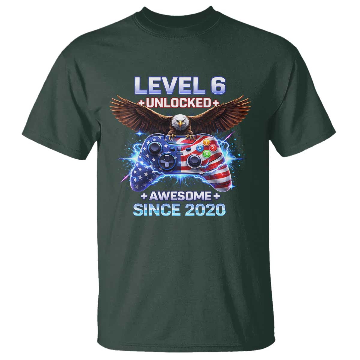 Funny 6th Birthday T Shirt Level 6 Unlocked Awesome Since 2020 USA Gamer TS11 Dark Forest Green Print Your Wear