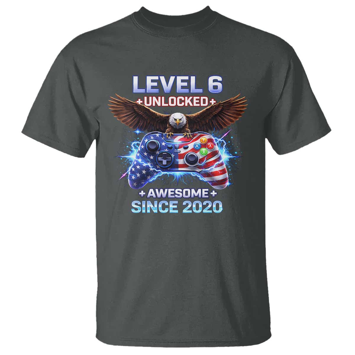 Funny 6th Birthday T Shirt Level 6 Unlocked Awesome Since 2020 USA Gamer TS11 Dark Heather Print Your Wear