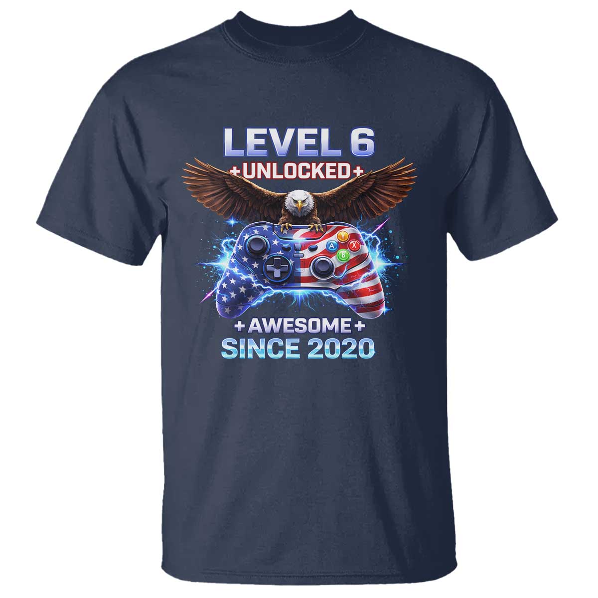 Funny 6th Birthday T Shirt Level 6 Unlocked Awesome Since 2020 USA Gamer TS11 Navy Print Your Wear