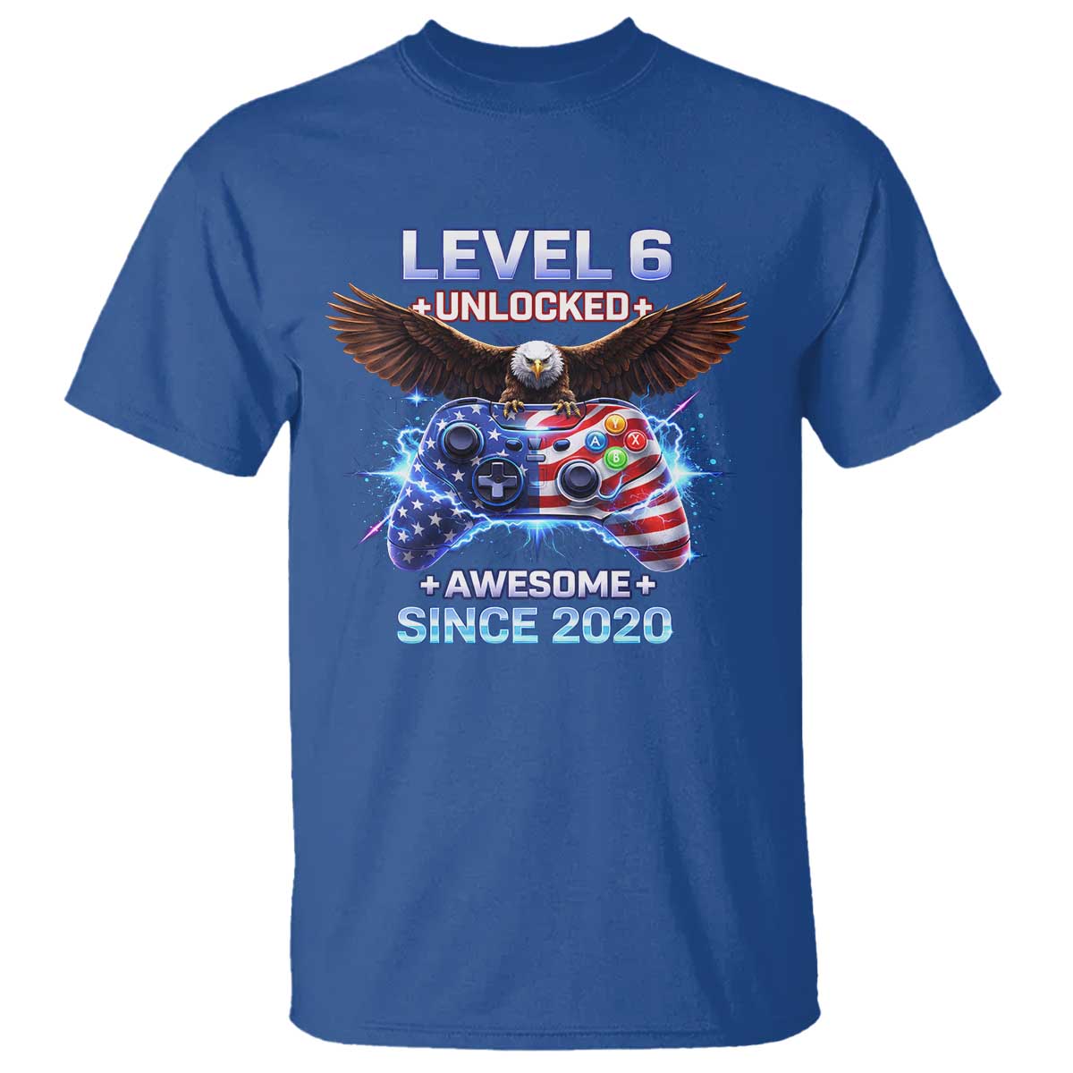 Funny 6th Birthday T Shirt Level 6 Unlocked Awesome Since 2020 USA Gamer TS11 Royal Blue Print Your Wear