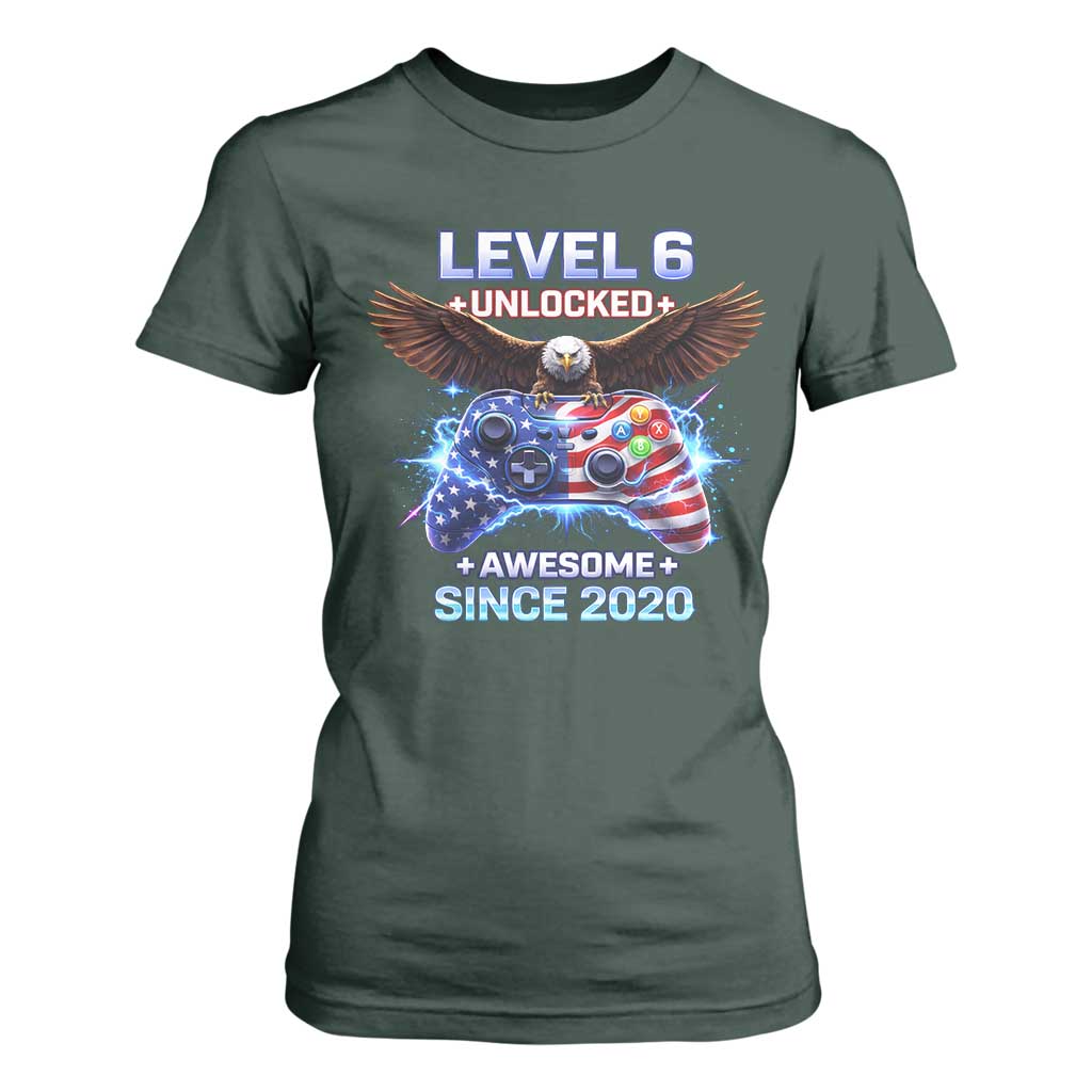 Funny 6th Birthday T Shirt For Women Level 6 Unlocked Awesome Since 2020 USA Gamer TS11 Dark Forest Green Print Your Wear