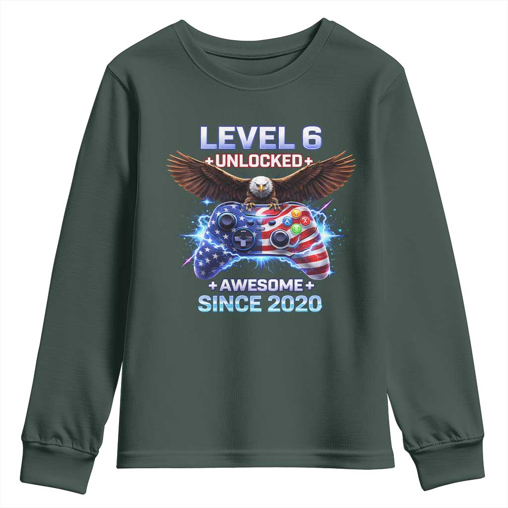 Funny 6th Birthday Youth Sweatshirt Level 6 Unlocked Awesome Since 2020 USA Gamer TS11 Dark Forest Green Print Your Wear