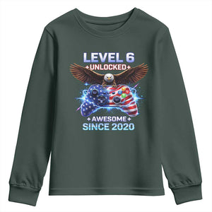Funny 6th Birthday Youth Sweatshirt Level 6 Unlocked Awesome Since 2020 USA Gamer TS11 Dark Forest Green Print Your Wear