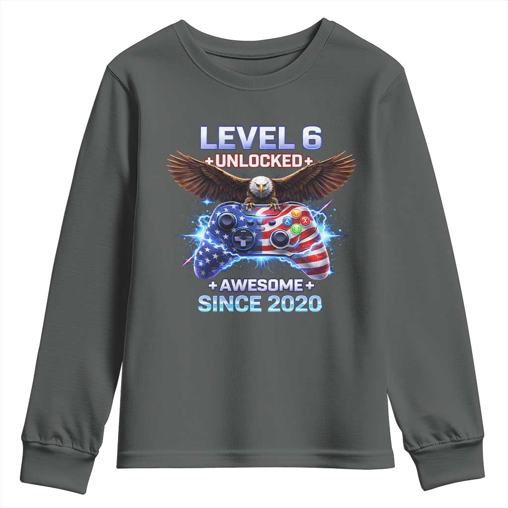 Funny 6th Birthday Youth Sweatshirt Level 6 Unlocked Awesome Since 2020 USA Gamer TS11 Dark Heather Print Your Wear