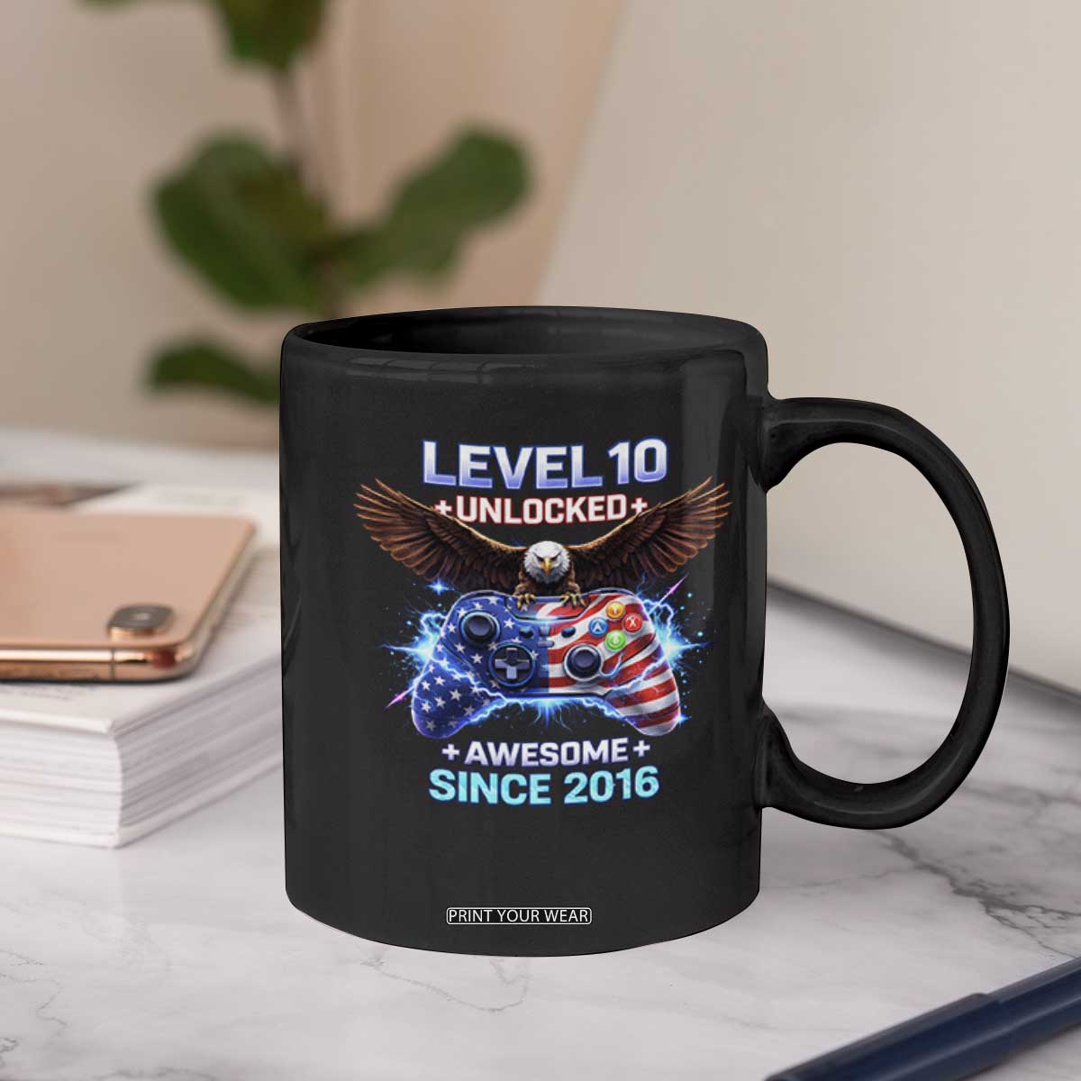 Funny 10th Birthday Coffee Mug Level 10 Unlocked Awesome Since 2016 USA Gamer TS11 Print Your Wear